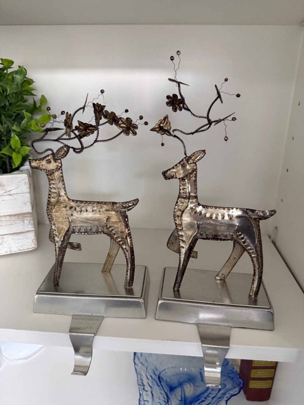 Pair of Pottery Barn Pressed Metal Reindeer Christmas Stocking Hangers Holders